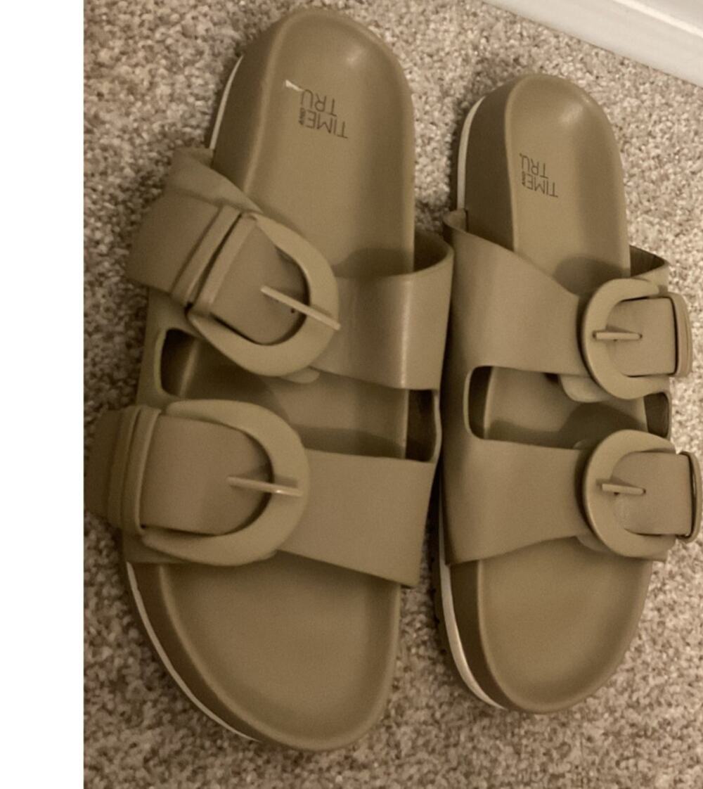 Time & Tru Double Buckle EVA Slide Sandals Taupe Women's Size 7